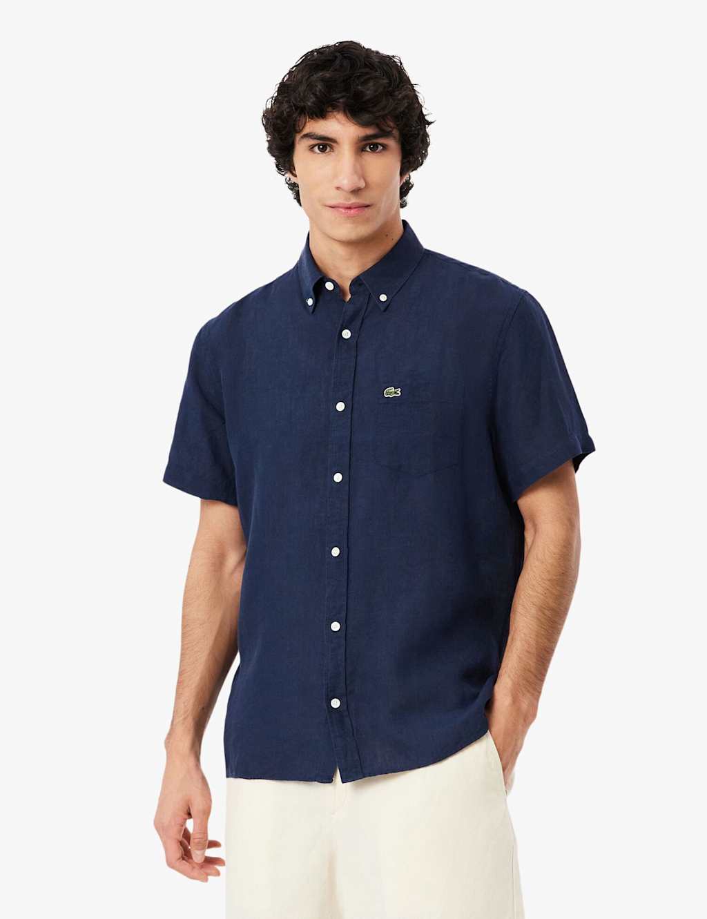 Lacoste Men's Regular Fit Pure Linen Short Sleeve Shirt - XL - Navy - Available at M&S