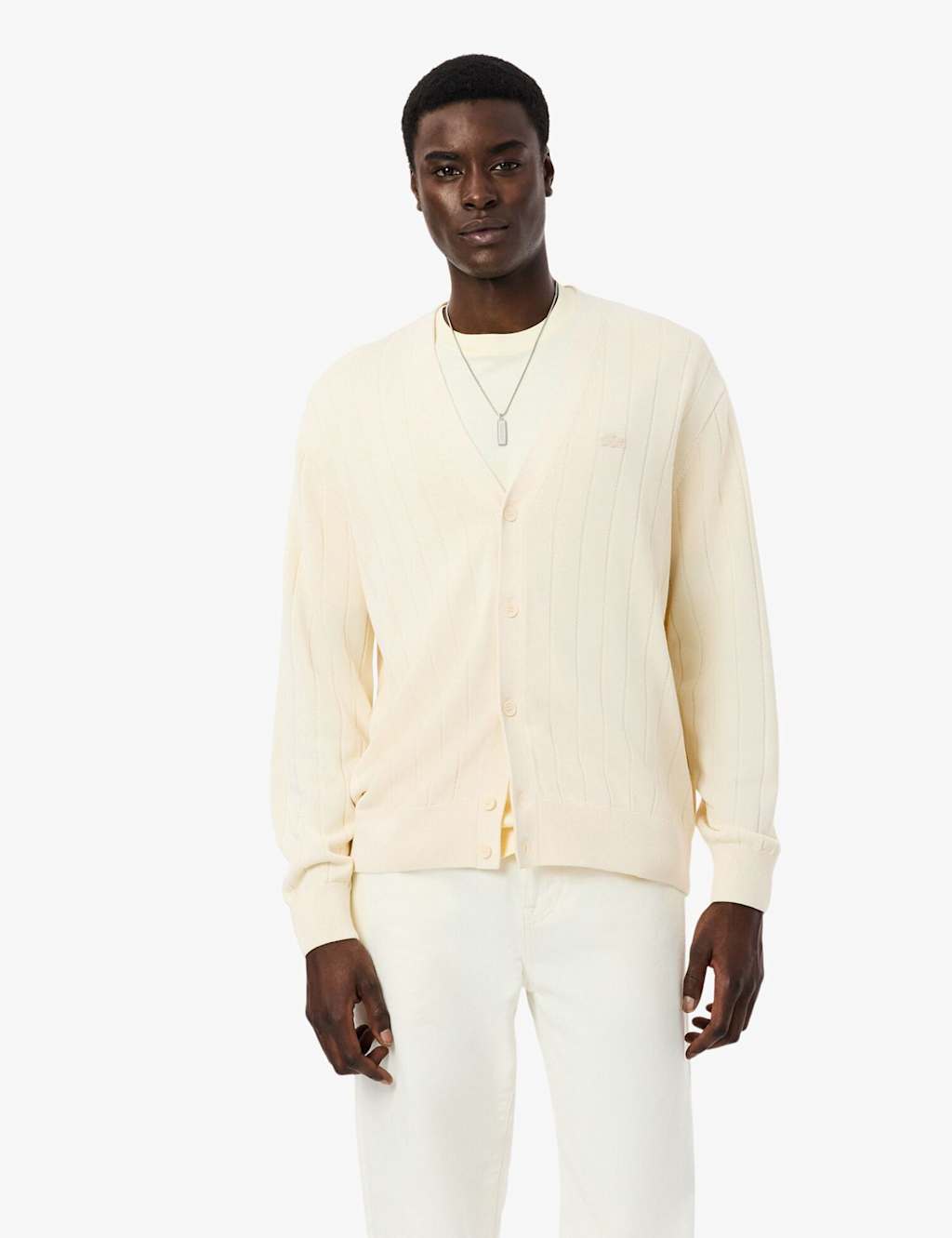 Lacoste Men's Cotton Blend Ribbed V-Neck Cardigan - M - Neutral - Available at M&S