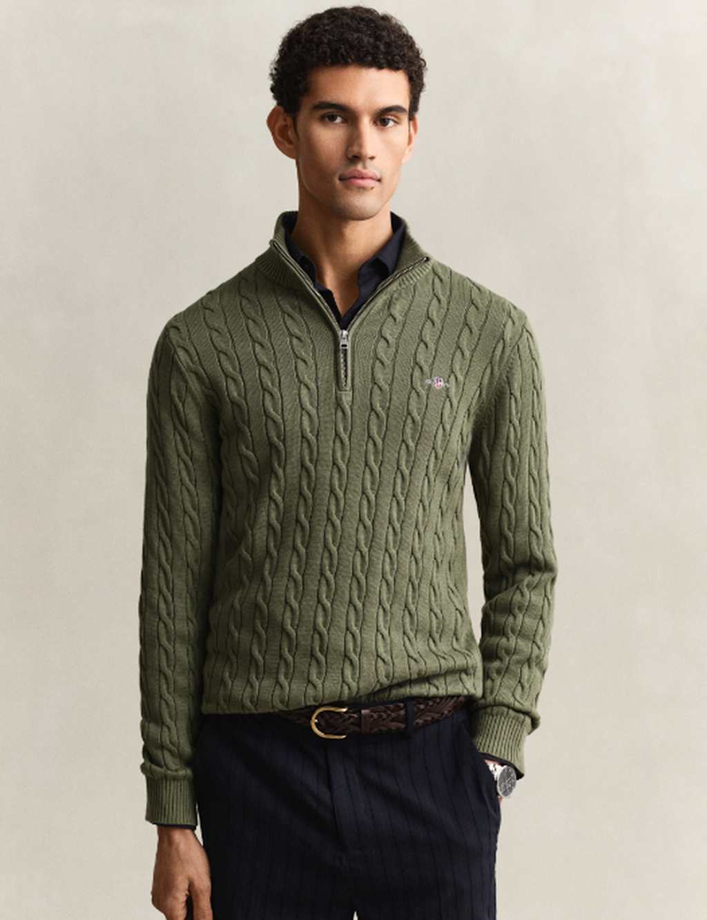 Gant Men's Pure Cotton Cable Half Zip Jumper - L - Green - Available at M&S