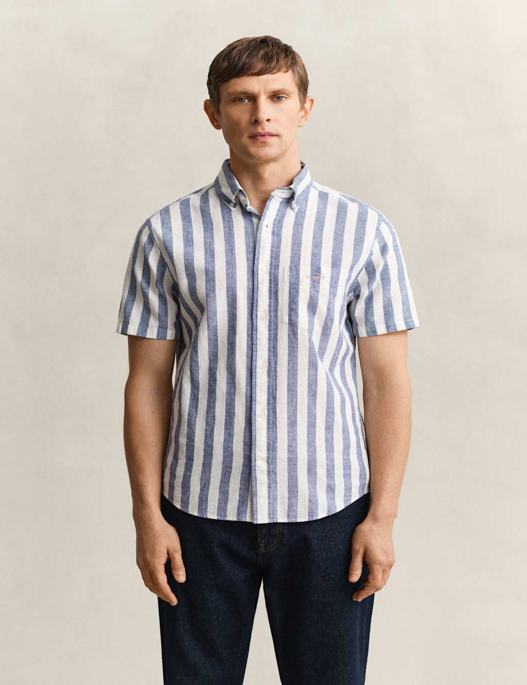 Gant Men's Regular Fit Linen Rich Striped Shirt - M - Blue Mix - Available at M&S