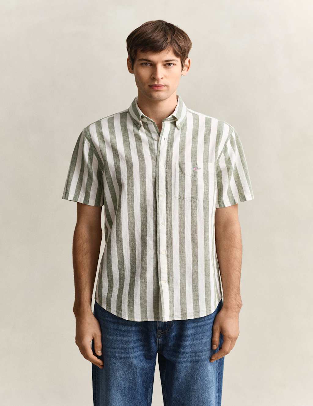 Gant Men's Regular Fit Linen Rich Striped Shirt - L - Green Mix - Available at M&S