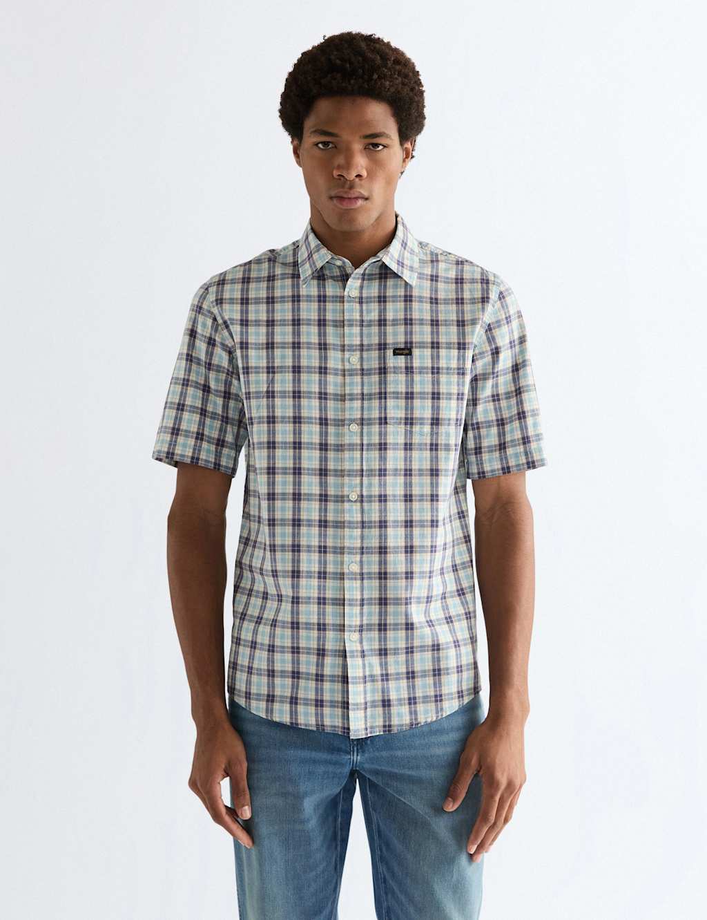 Wrangler Men's Regular Fit Pure Cotton Short Sleeve Shirt - 2XL - Blue Mix - Available at M&S
