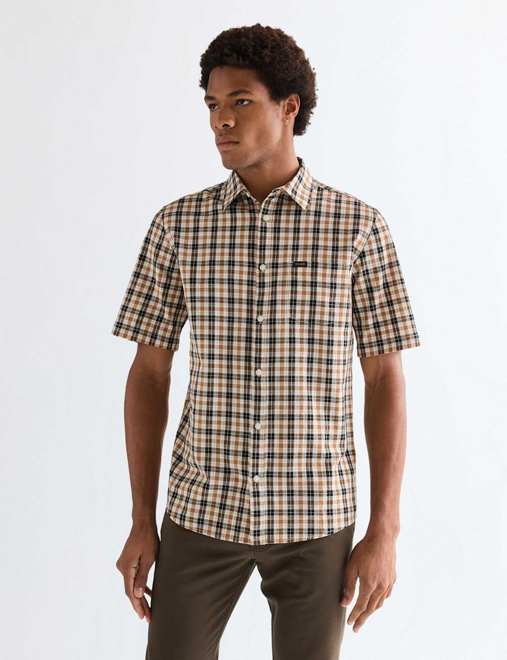 Wrangler Men's Regular Fit Pure Cotton Short Sleeve Shirt - M - Brown Mix - Available at M&S