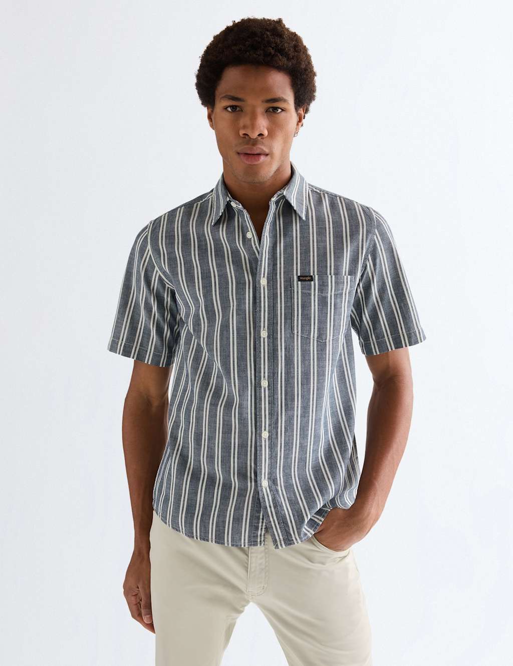 Wrangler Men's Regular Fit Pure Cotton Striped Short Sleeve Shirt - 2XL - Navy Mix - Available at M&S