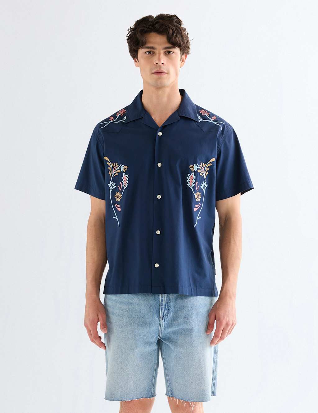 Wrangler Men's Regular Fit Pure Cotton Floral Short Sleeve Shirt - M - Navy Mix - Available at M&S