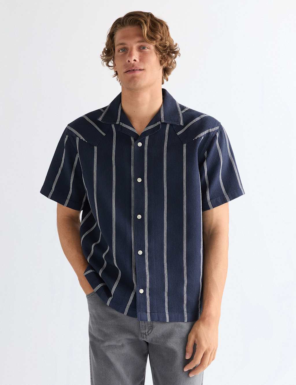 Wrangler Men's Cotton Rich Short Sleeve Resort Shirt - M - Navy Mix - Available at M&S
