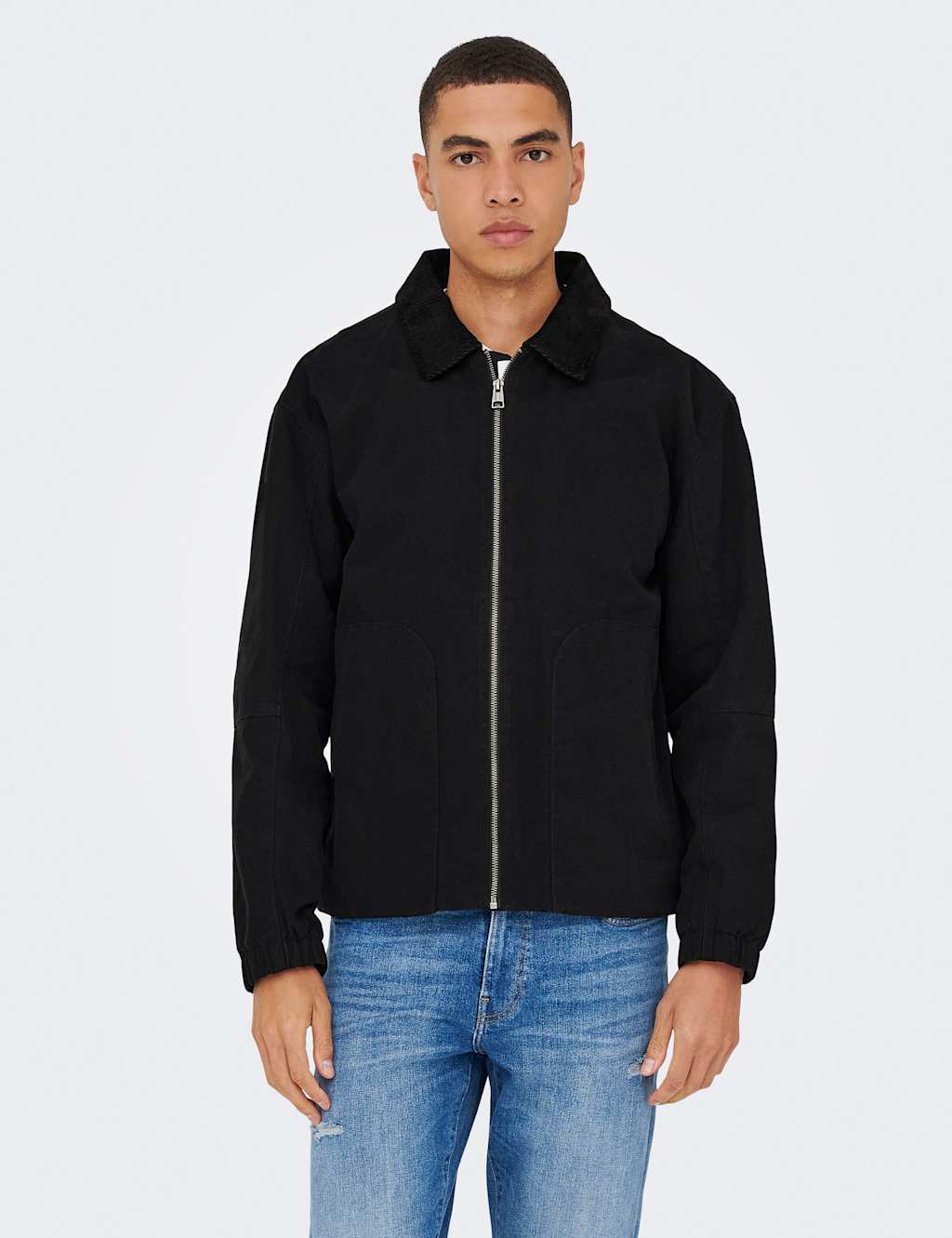 Only & Sons Men's Pure Cotton Corduroy Collar Harrington Jacket - L - Black - Available at M&S