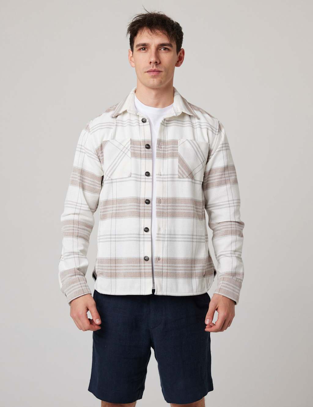 Peregrine Men's Relaxed Fit Pure Cotton Checked Overshirt - L - White Mix - Available at M&S