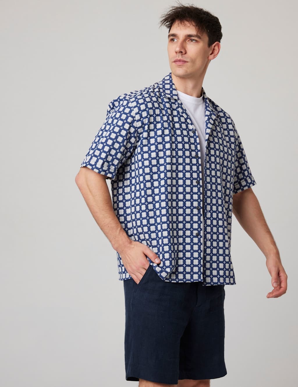 Peregrine Men's Pure Cotton Geometric Print Shirt - M - Navy Mix - Available at M&S