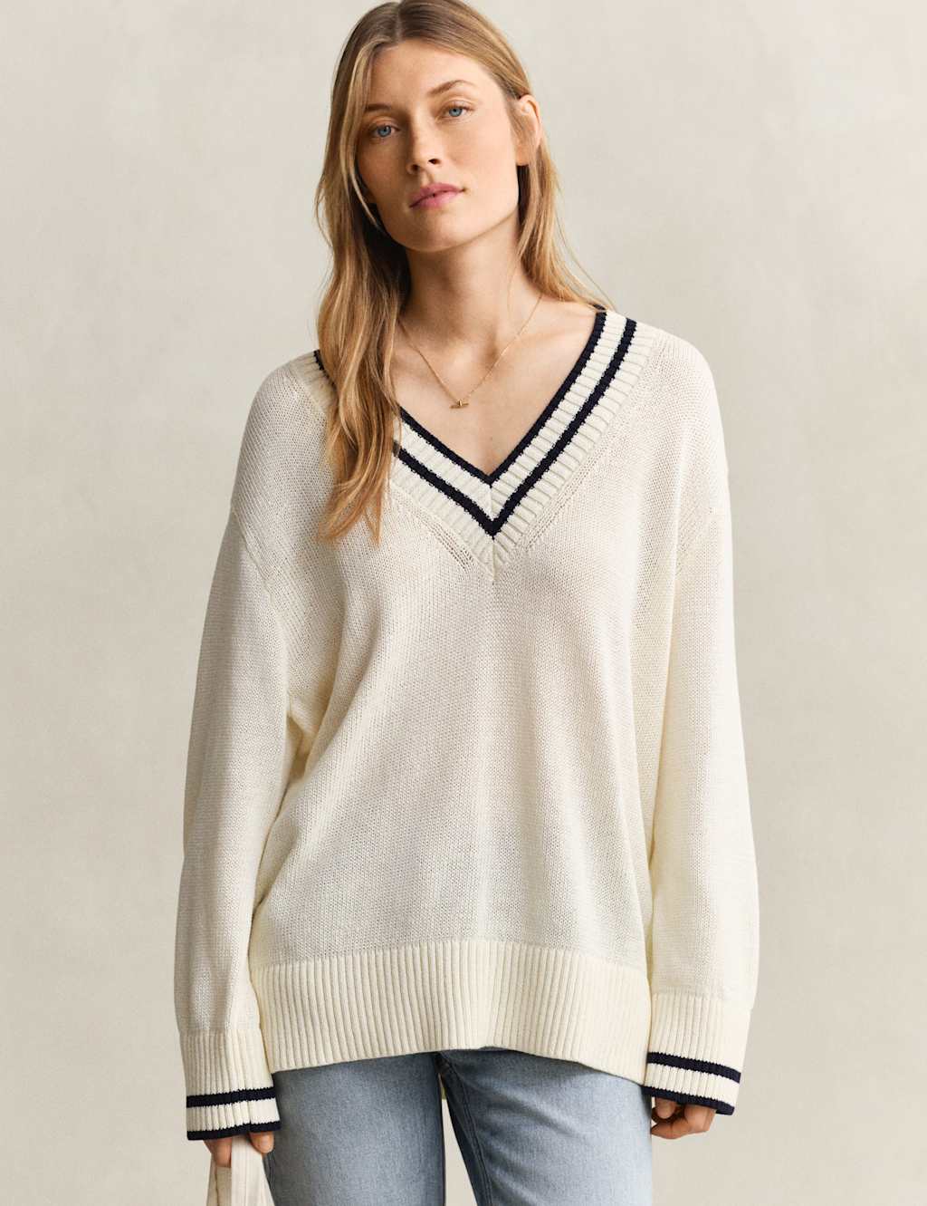 Gant Women's Pure Cotton Ribbed V-Neck Jumper - Large - Cream - Available at M&S