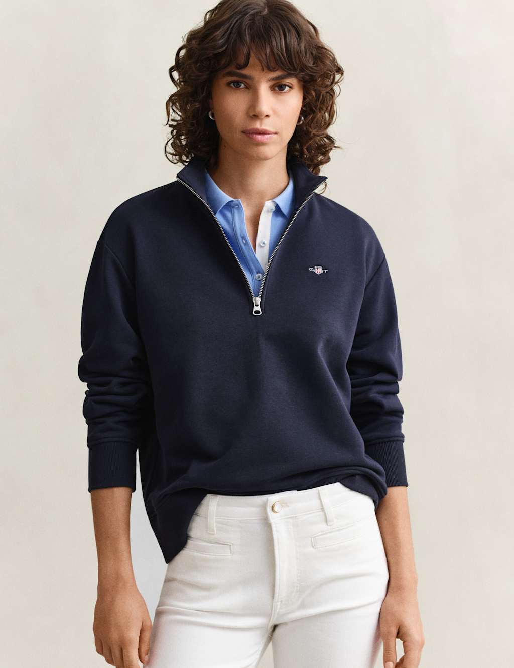 Gant Women's Cotton Rich Funnel Neck Half Zip Sweatshirt - Extra Small - Navy - Available at M&S