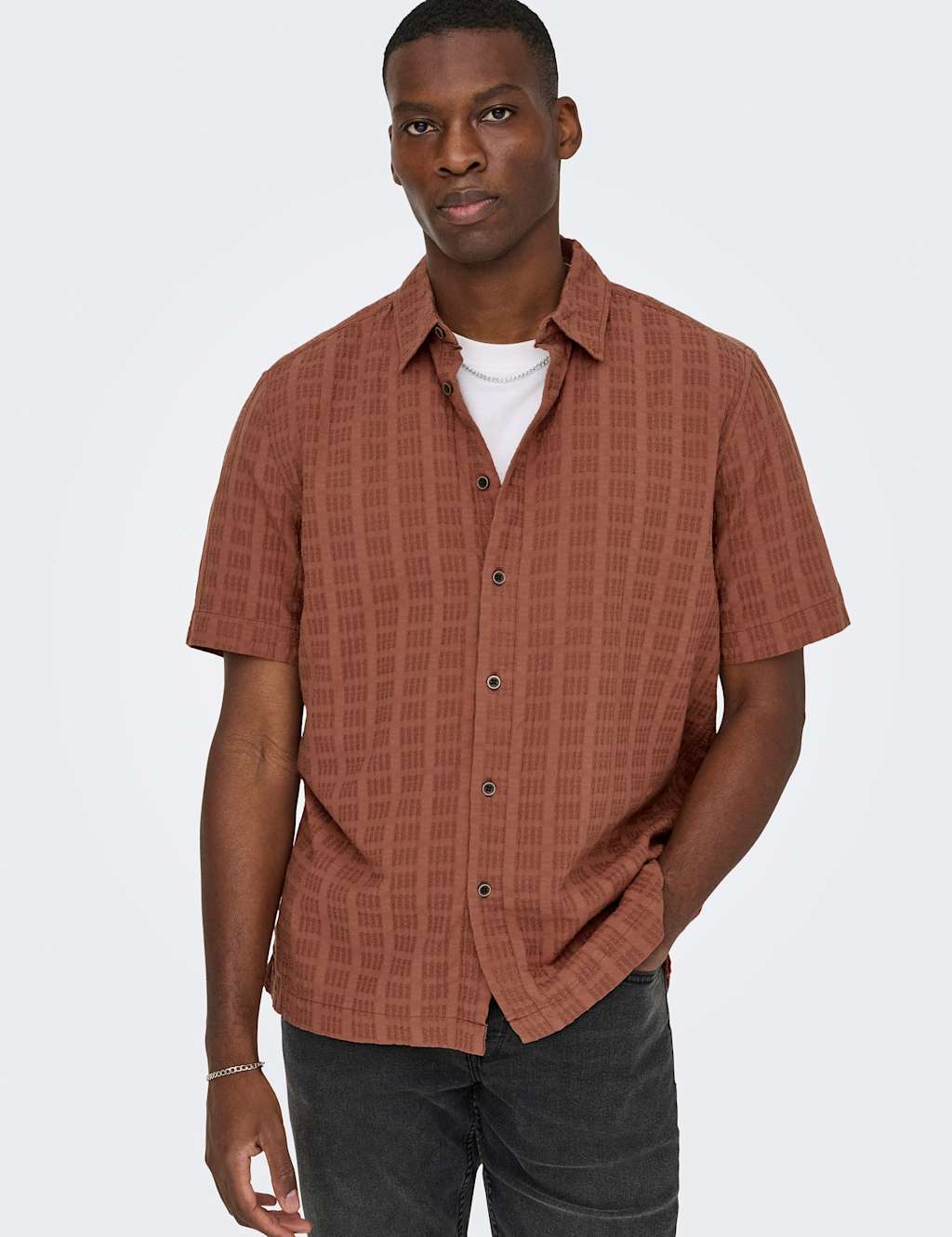 Only & Sons Men's Regular Fit Textured Short Sleeve Shirt - XL - Brown - Available at M&S