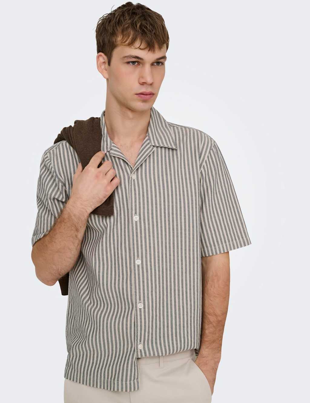 Only & Sons Men's Onsroberts Regular Fit Pure Cotton Striped Shirt - L - Stone - Available at M&S
