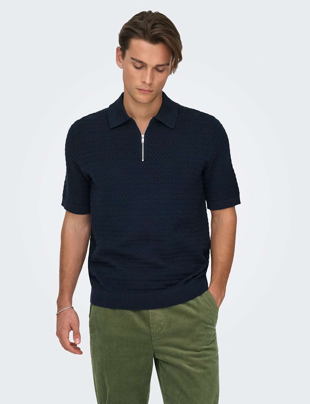 Only & Sons Men's Pure Cotton Textured Knitted Polo Shirt - XL - Navy - Available at M&S