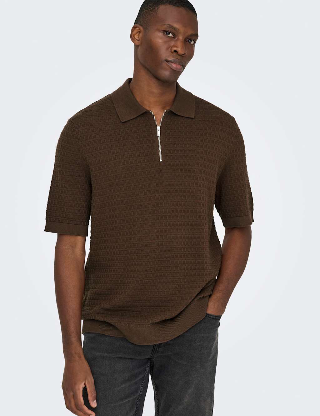Only & Sons Men's Pure Cotton Textured Knitted Polo Shirt - L - Brown - Available at M&S