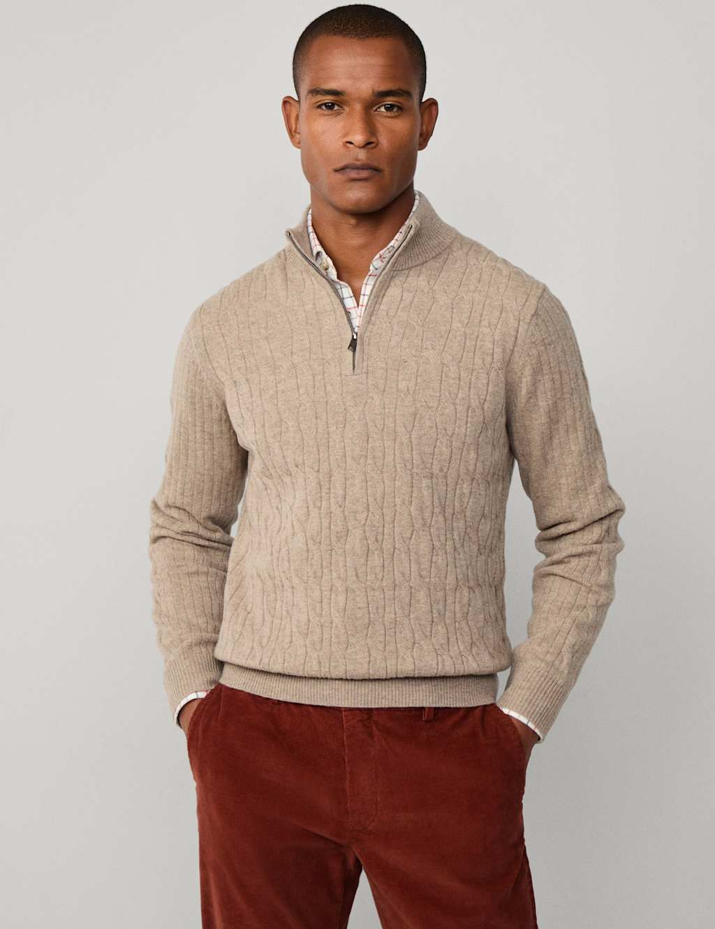 Hackett Pure Lambswool Cable Knit Half Zip Jumper Beige