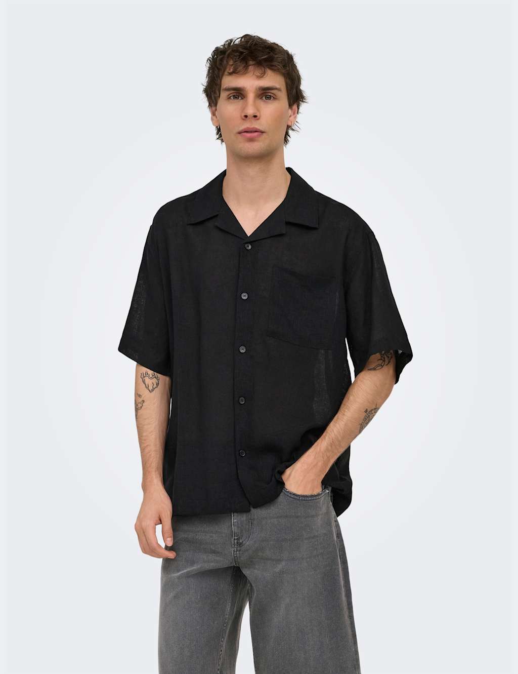 Only & Sons Men's Relaxed Fit Linen Rich Short Sleeve Shirt - S - Black - Available at M&S