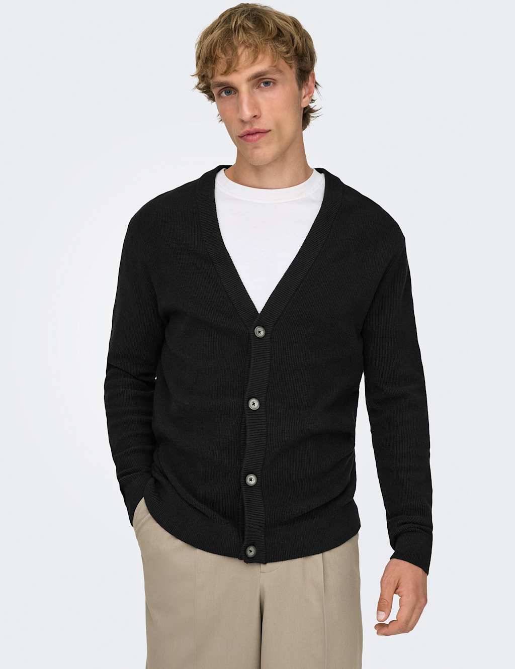 Only & Sons Men's Pure Cotton Waffle Textured Cardigan - XL - Black - Available at M&S