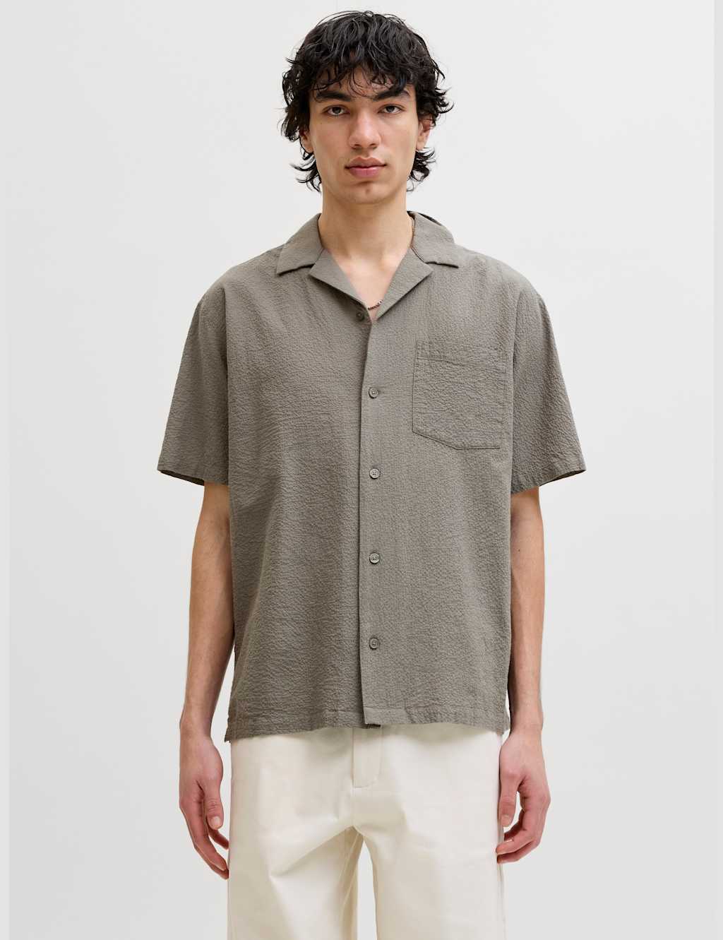 Jack & Jones Men's Regular Fit Easy Iron Seersucker Shirt - XL - Khaki - Available at M&S