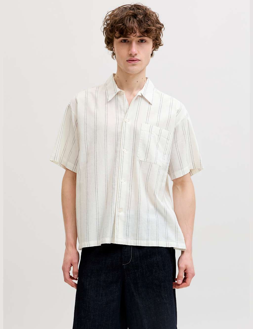 Jack & Jones Men's Cotton Linen Blend Striped Short Sleeve Shirt - 2XL - White - Available at M&S