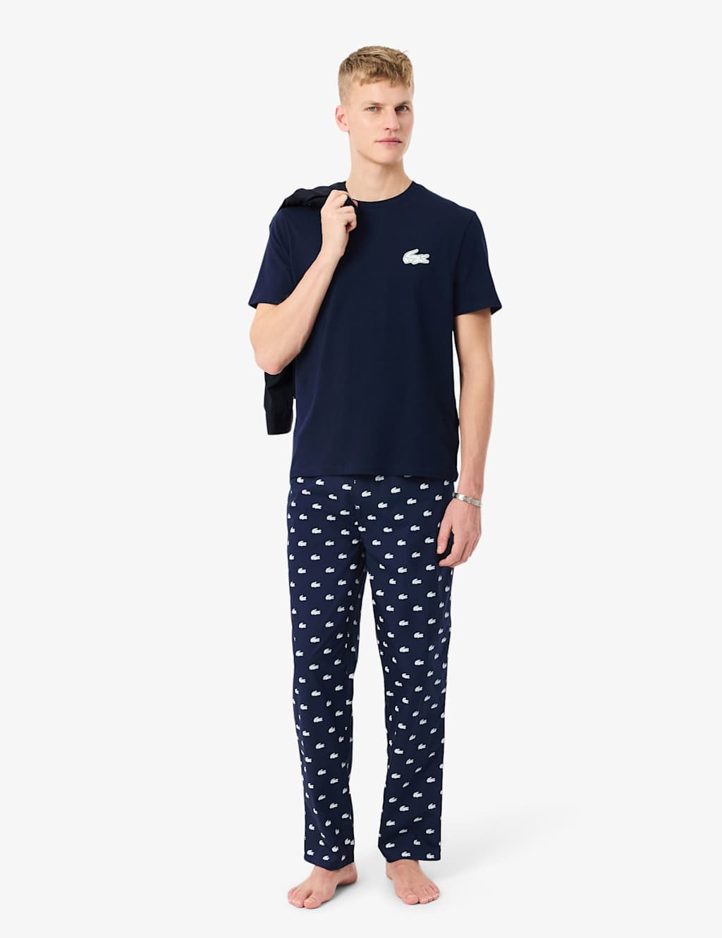 Lacoste Men's Cotton Rich Crocodile Print Pyjama Set - M - Navy - Available at M&S
