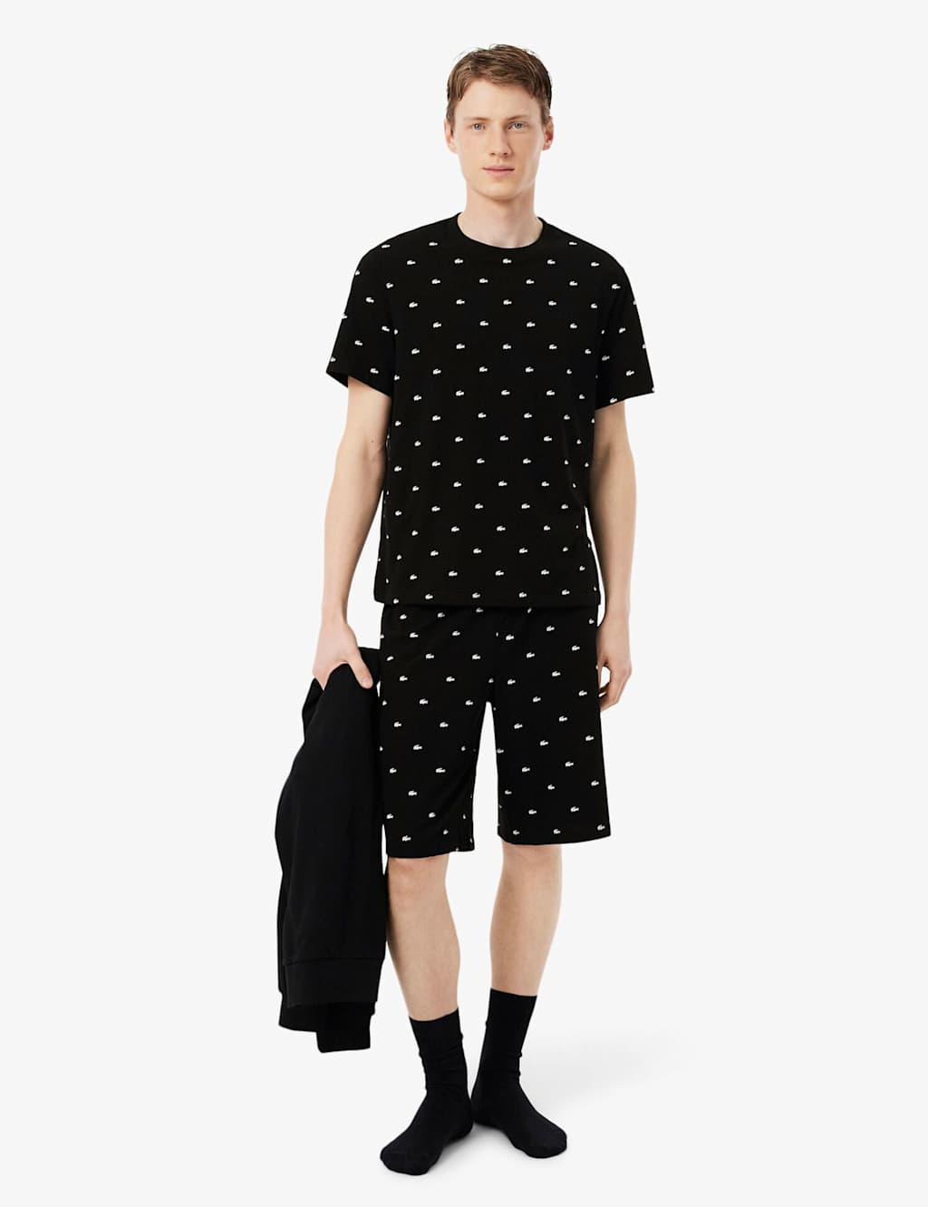 Lacoste Men's Cotton Rich Crocodile Print Pyjama Set - XL - Black - Available at M&S