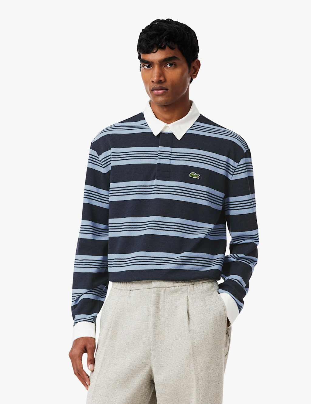 Lacoste Men's Pure Cotton Pique Striped Rugby Shirt - L - Navy Mix - Available at M&S