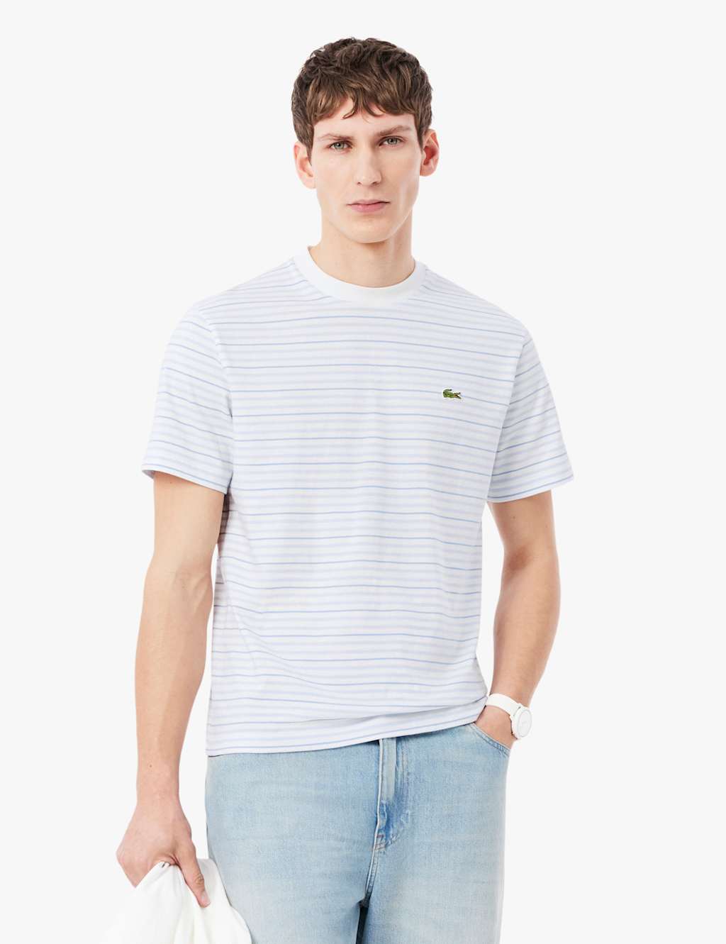 Lacoste Men's Cotton Rich Striped Crew Neck T-Shirt - 2XL - White Mix - Available at M&S