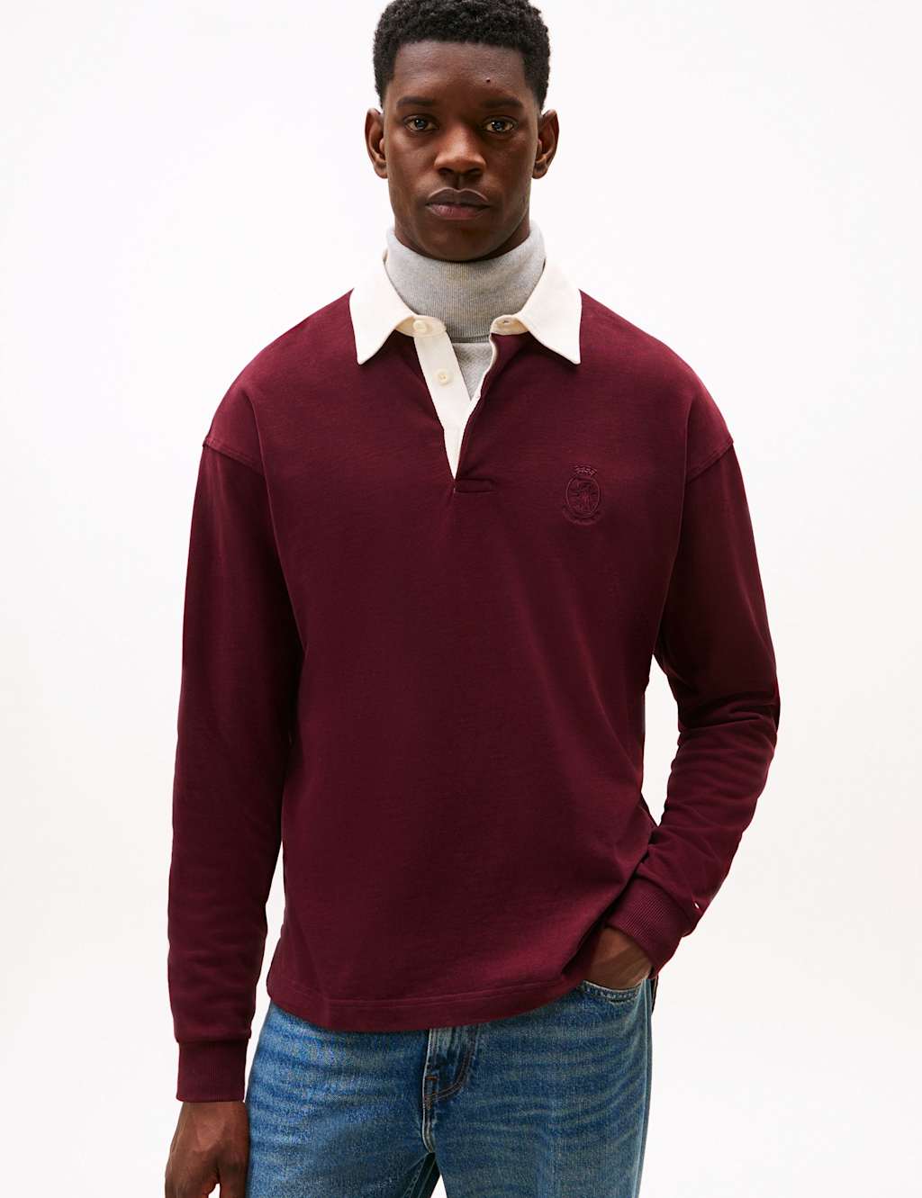 Tommy Hilfiger Peached Crest Pure Cotton Rugby Shirt Burgundy