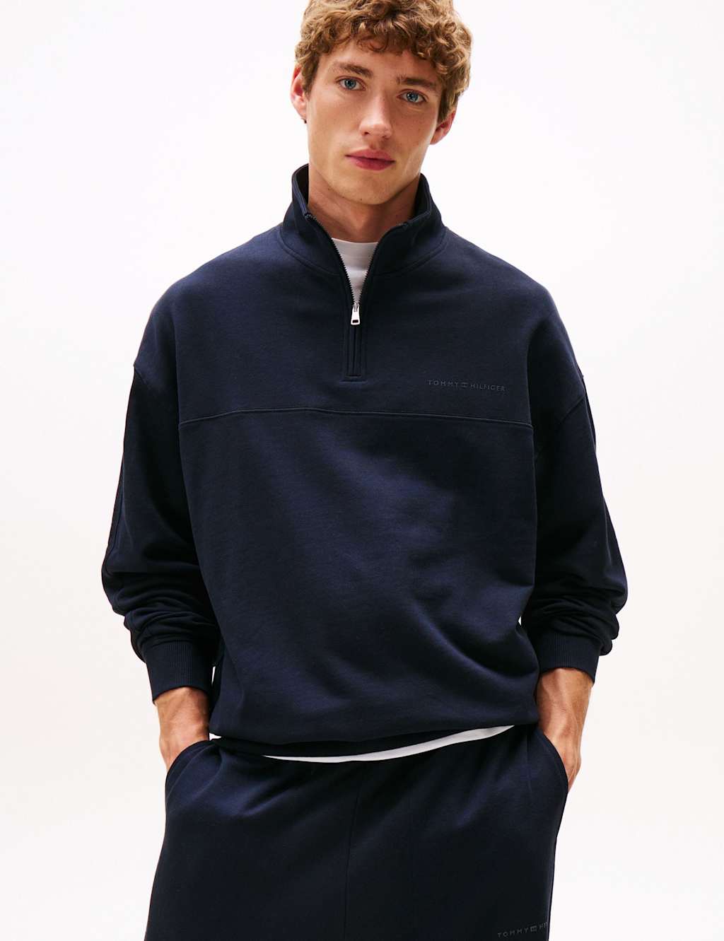 Tommy Hilfiger Cotton Modal Blend Half Zip Loungewear Top Navy