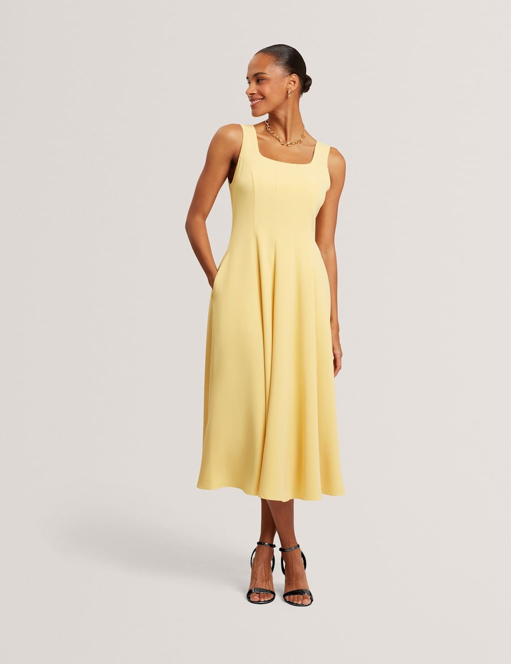 Ted Baker Women's Square Neck Pleated Midi Skater Dress - 12 - Yellow - Available at M&S
