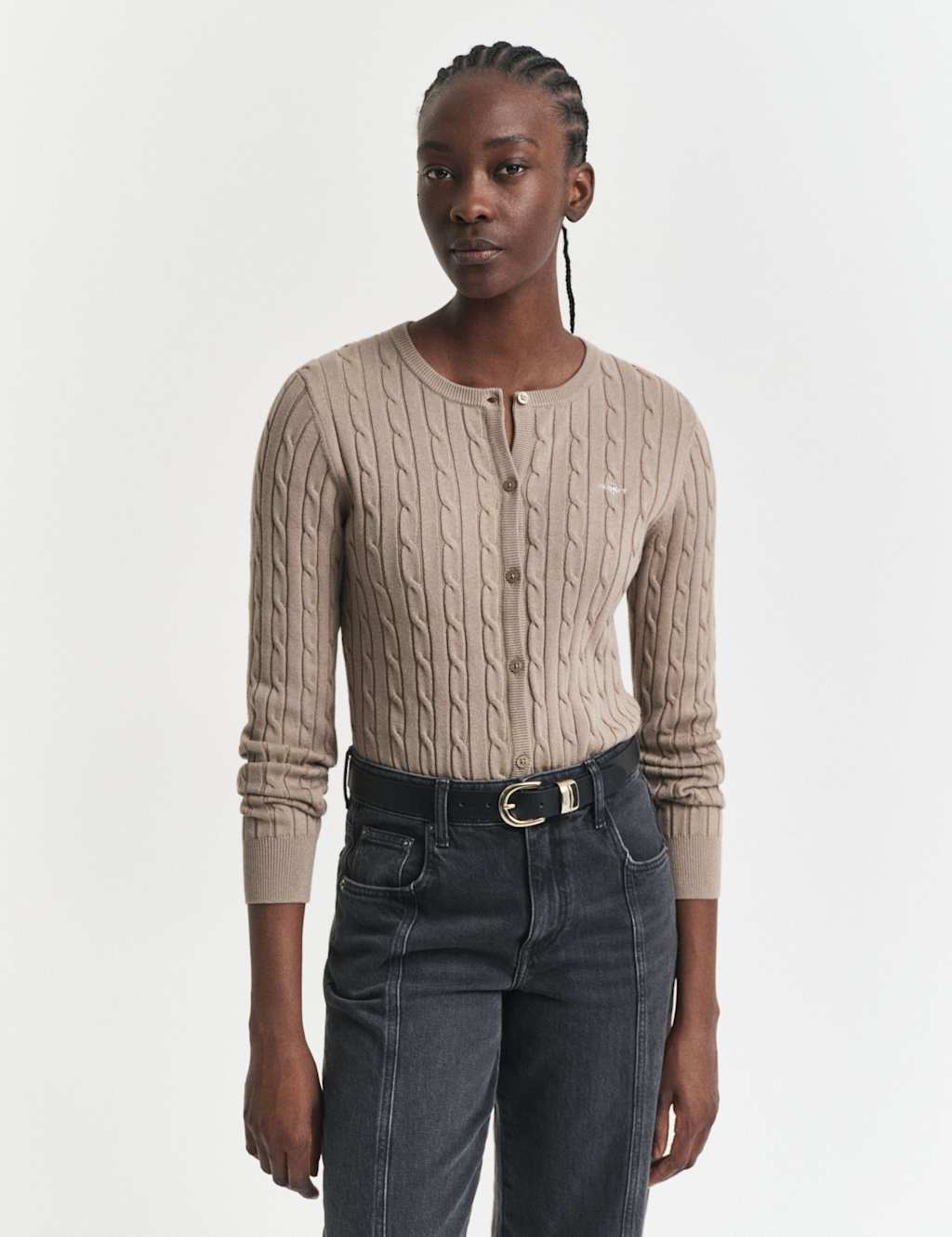 GANT Cotton Rich Cable Knit Cardigan Taupe