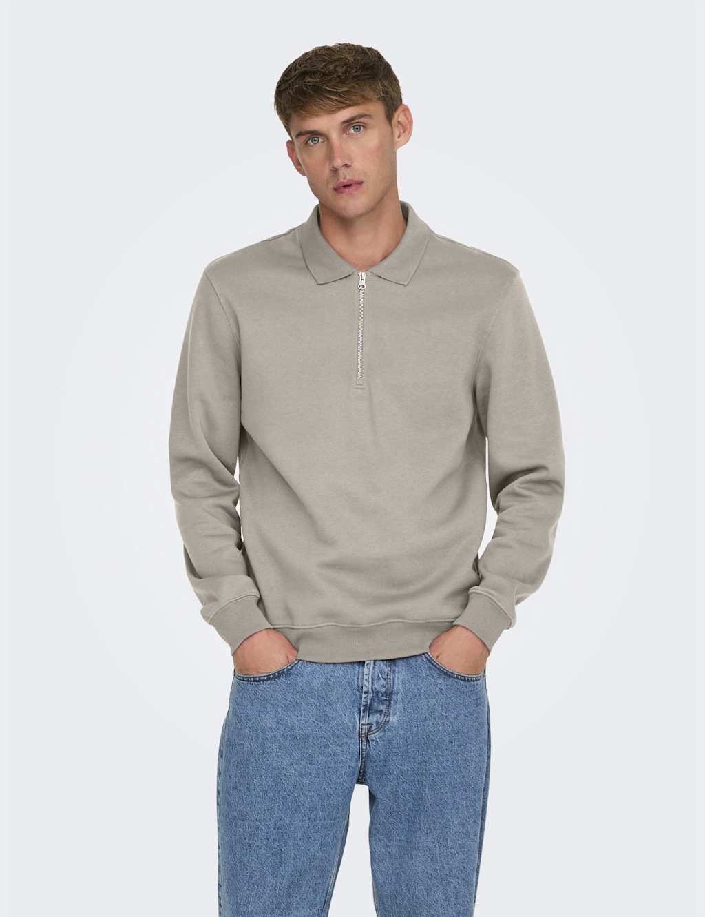 ONLY & SONS Cotton Rich Half Zip Long Sleeve Polo Shirt Cream