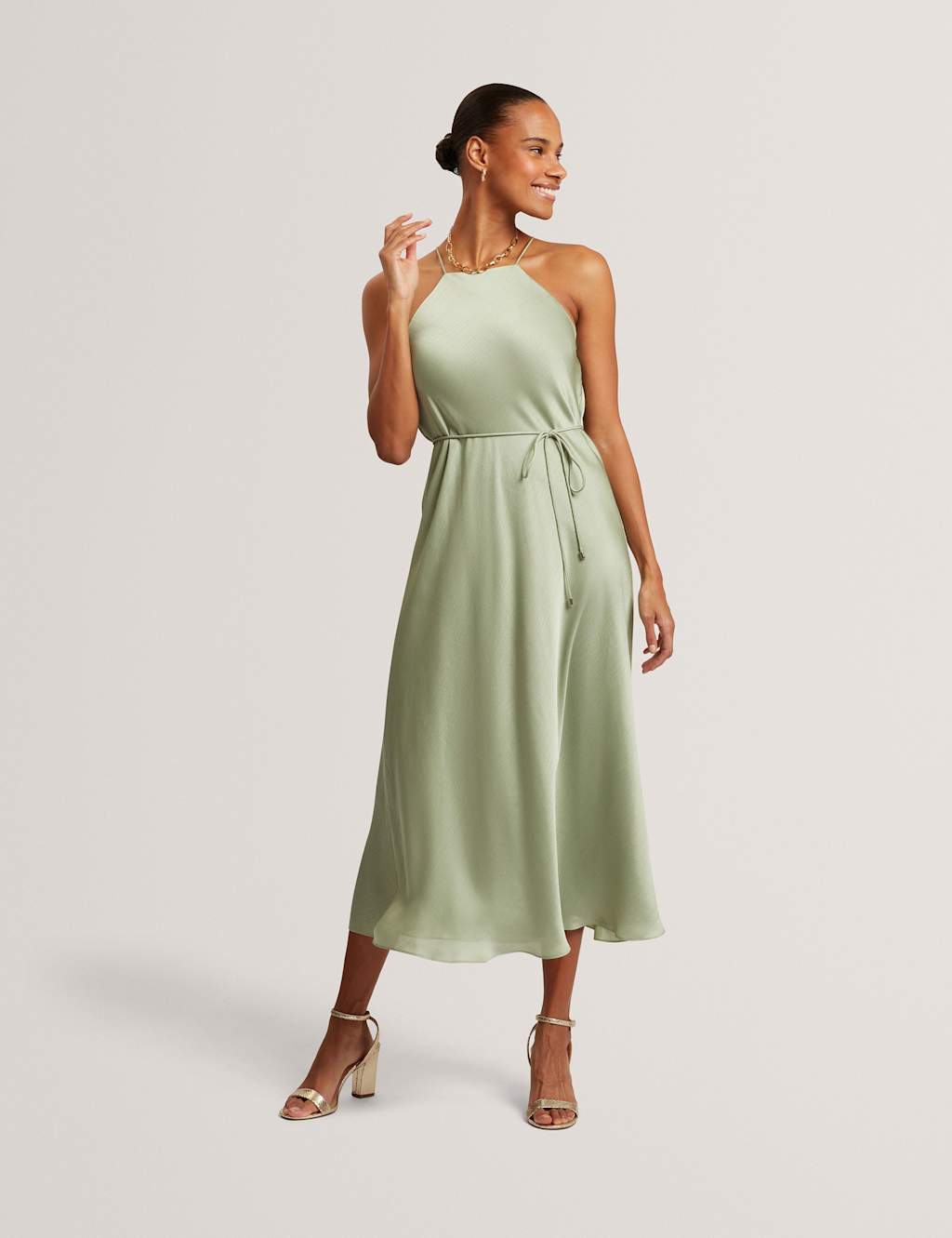 Ted Baker Women's Halter Neck Tie Waist Midi Slip Dress - 12 - Green - Available at M&S