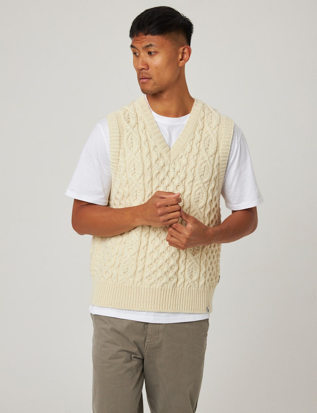 Peregrine Pure Wool Cable V-Neck Knitted Vest Cream