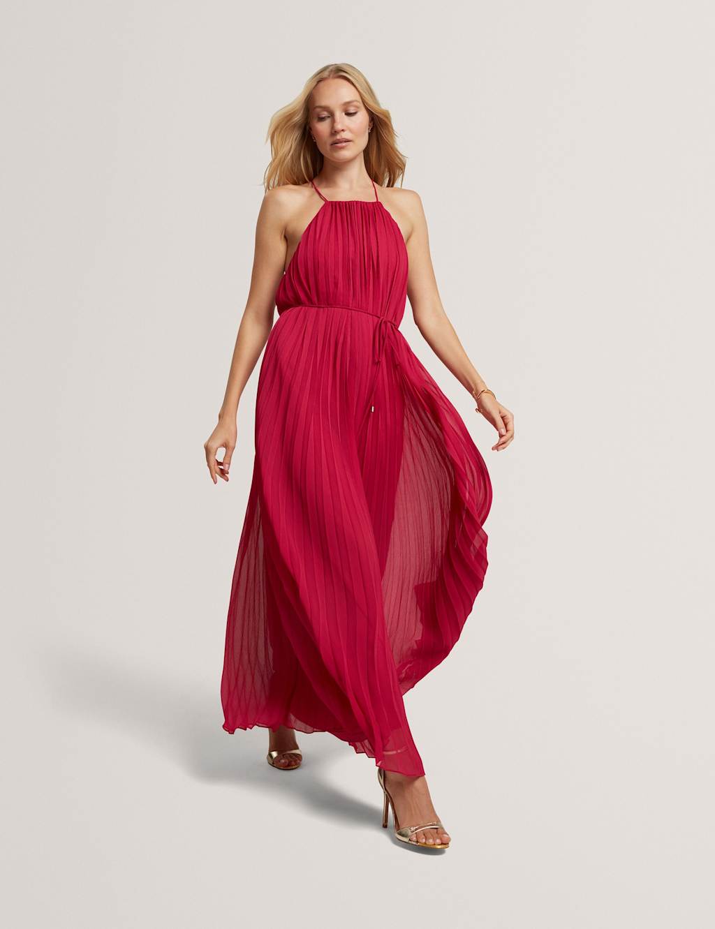 Ted Baker Women's Pleated Halter Neck Maxi Waisted Dress - 12 - Pink - Available at M&S