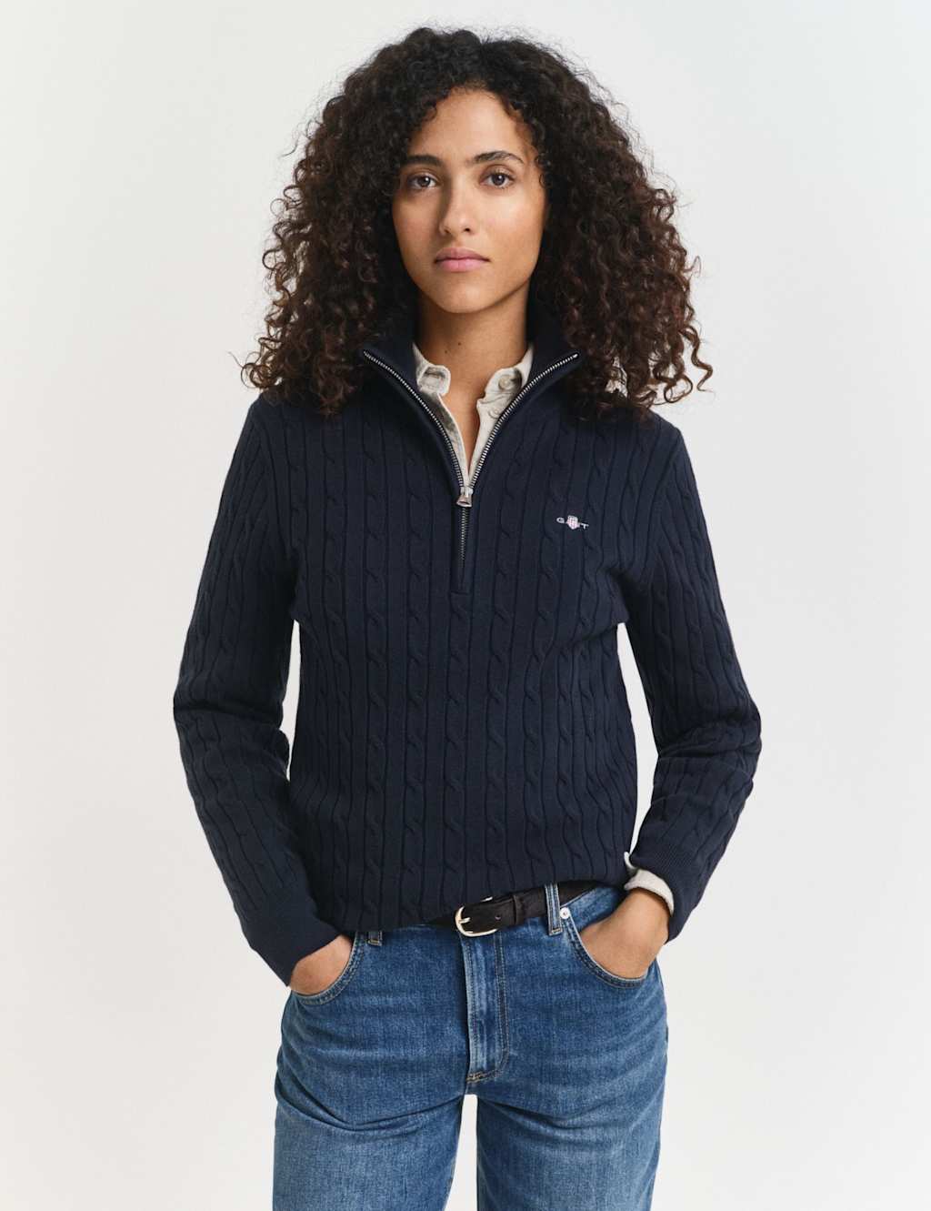 GANT Cotton Rich Cable Knit Half Zip Jumper Navy