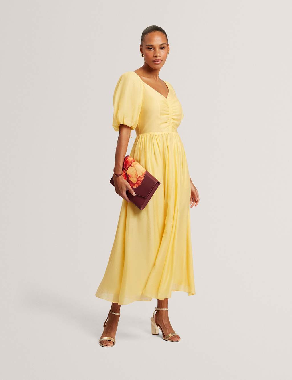 Ted Baker Women's Puff Sleeve Ruched Midi Waisted Dress - 14 - Yellow - Available at M&S