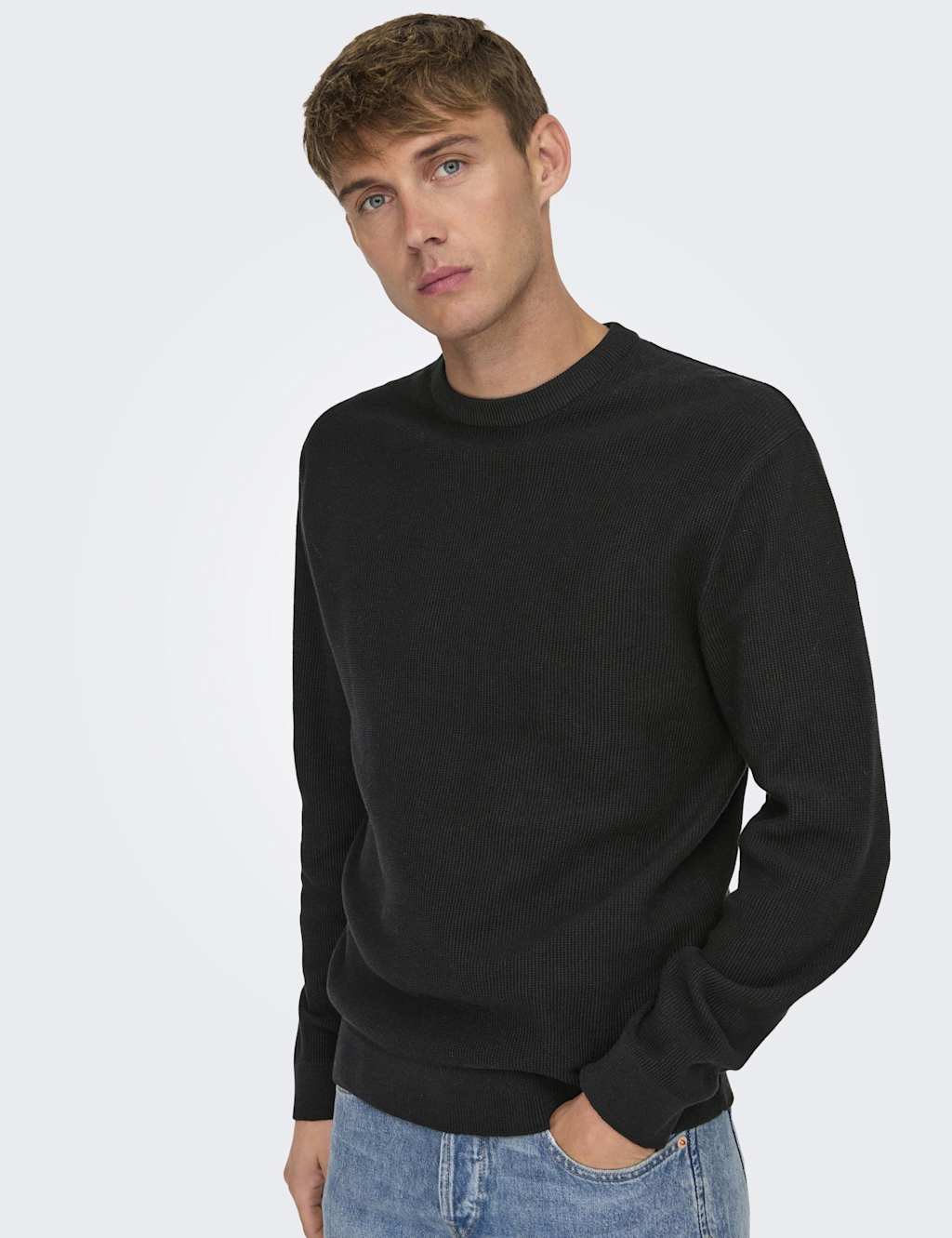 ONLY & SONS Pure Cotton Waffle Knitted Polo Top Black