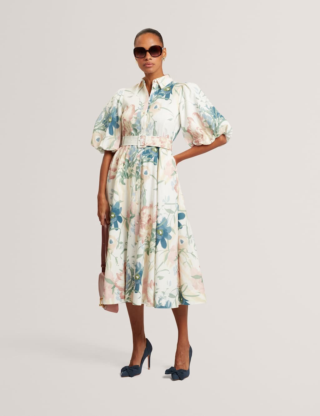 Ted Baker Women's Linen Rich Print Puff Sleeve Midi Shirt Dress - 12 - Ivory Mix - Available at M&S