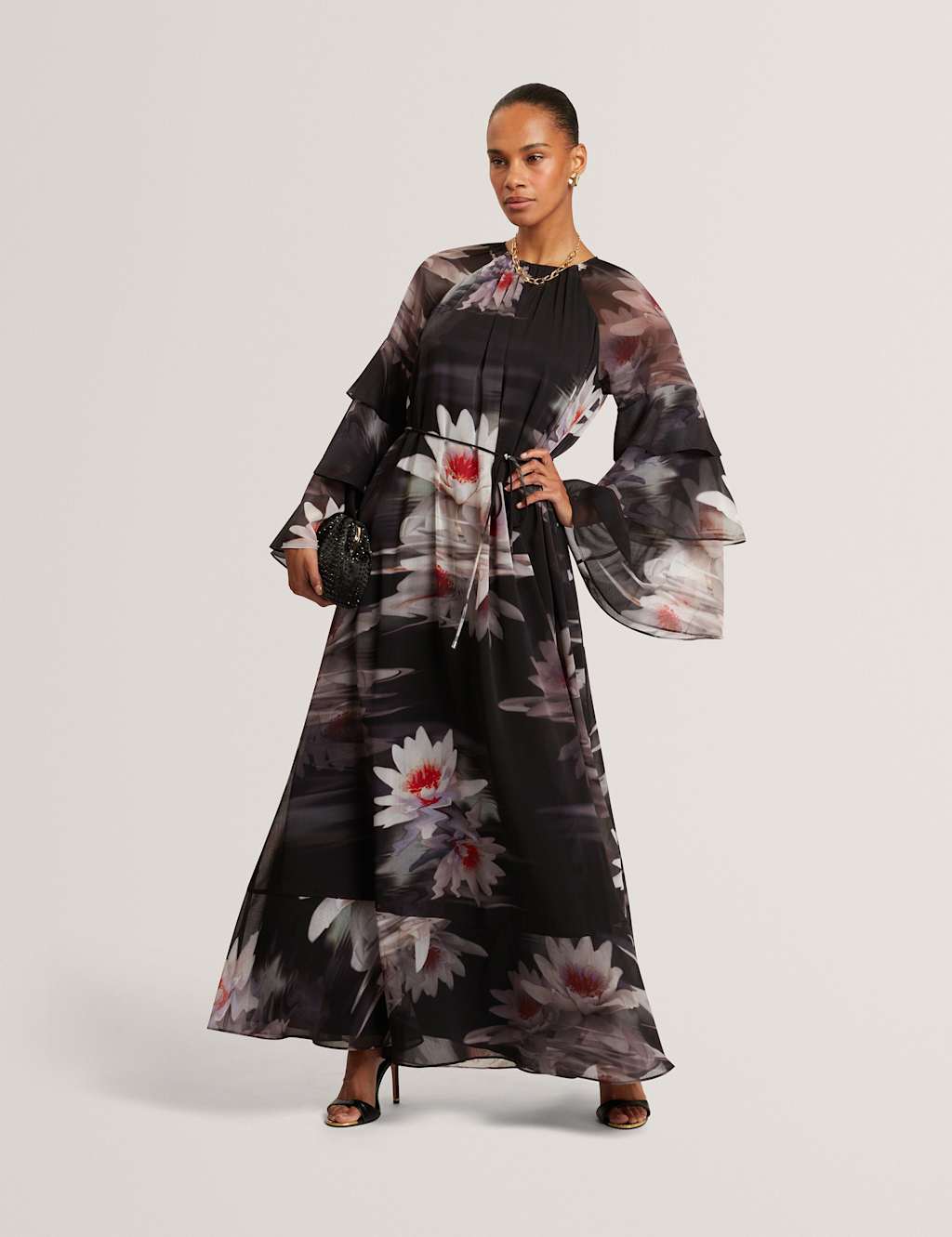 Ted Baker Women's Floral Ruffle Sleeve Gathered Maxi Dress - 10 - Black - Available at M&S