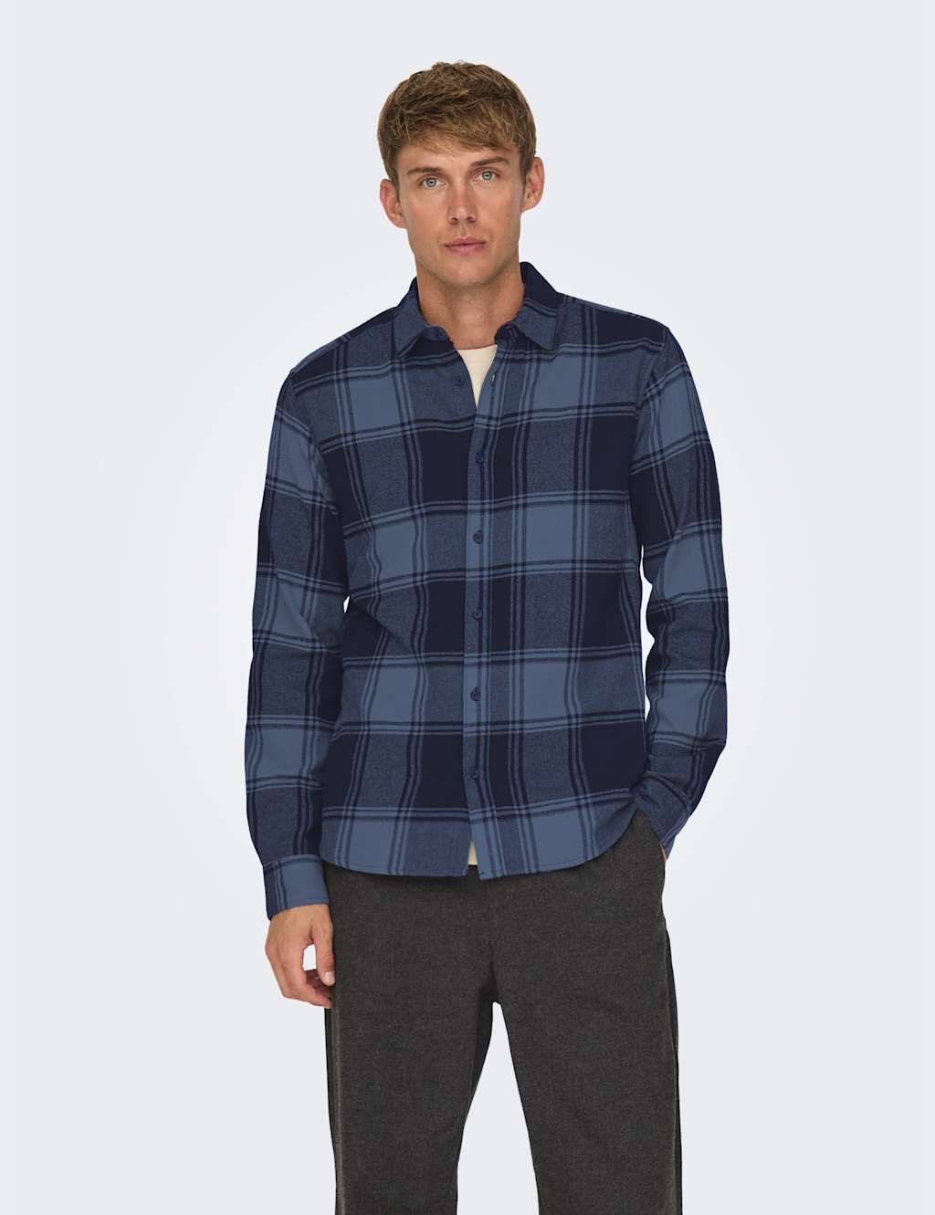 ONLY & SONS Pure Cotton Checked Shirt Navy Mix