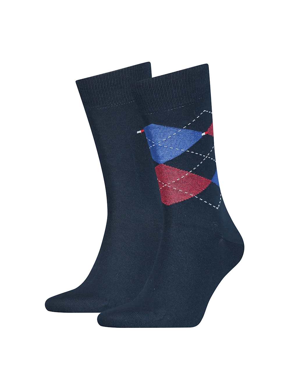 Tommy Hilfiger Men's 2 Pack TH Cotton Rich Argyle Socks - 6-8 - Navy Mix - Available at M&S