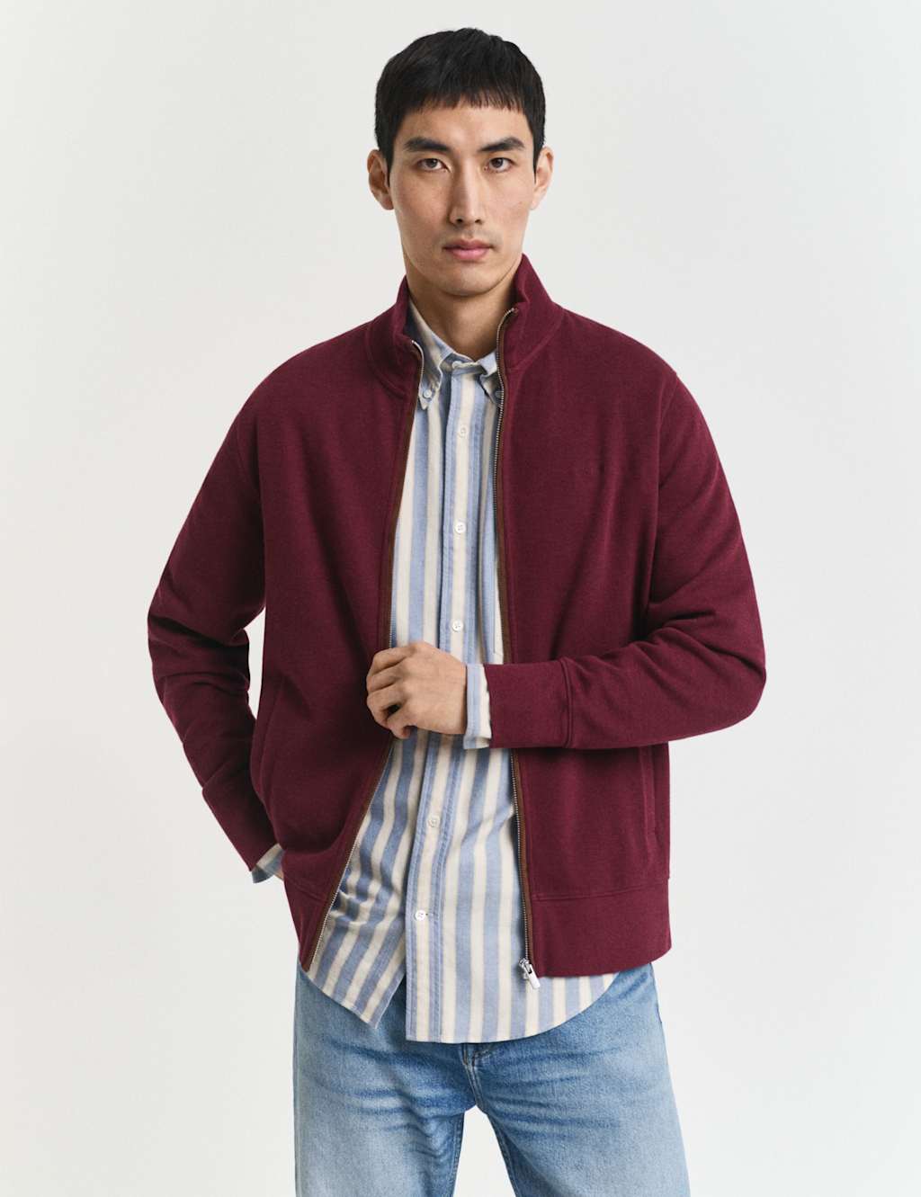 GANT Pure Cotton Funnel Neck Zip Up Cardigan Burgundy