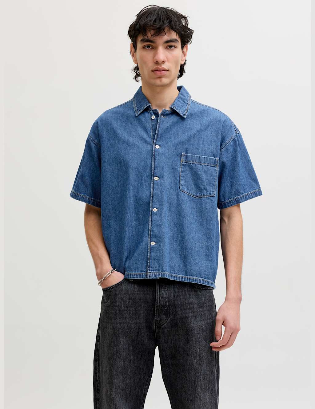 Jack & Jones Men's Regular Fit Short Sleeve Denim Shirt - L - Blue Denim - Available at M&S