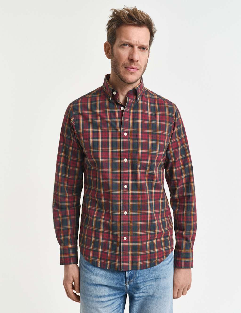 GANT Regular Fit Pure Cotton Poplin Check Shirt Red Mix