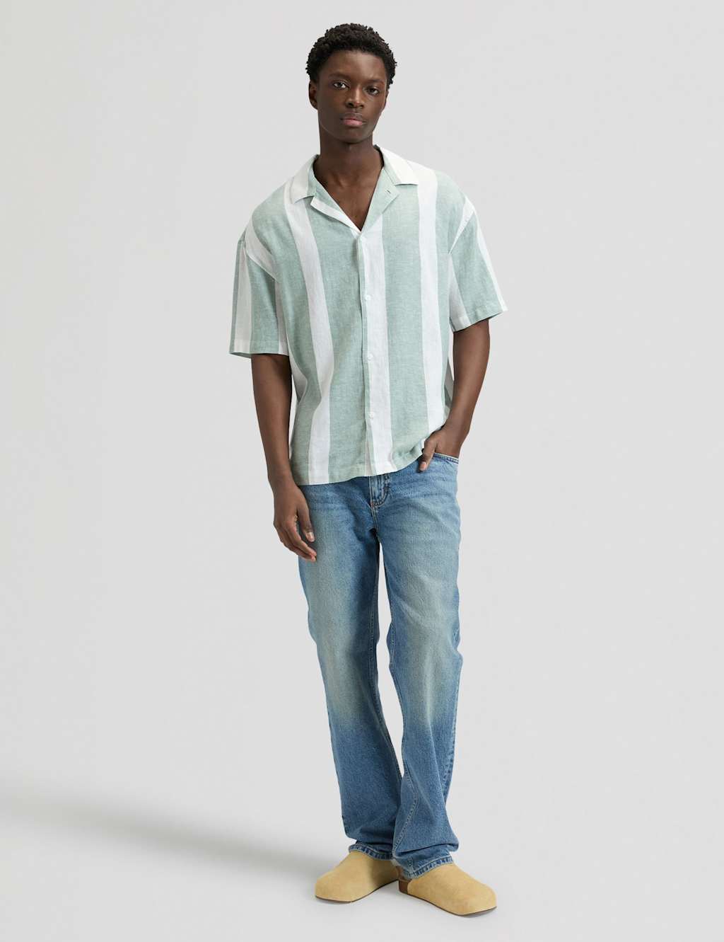 Men's Regular Fit Linen Rich Striped Short Sleeve Shirt - L - Green Mix - Available at M&S