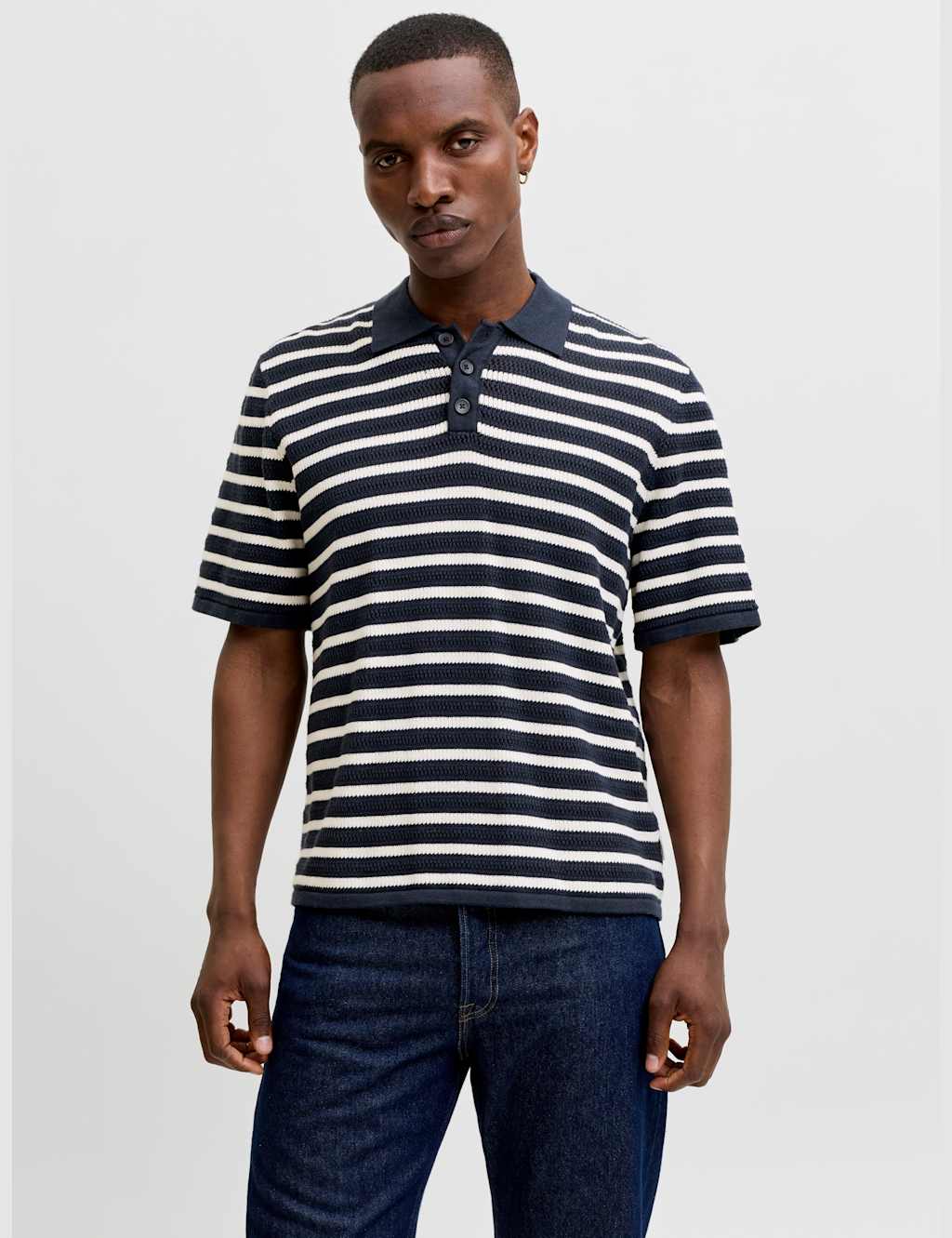 Jack & Jones Men's Pure Cotton Striped Knitted Polo Shirt - M - Navy Mix - Available at M&S