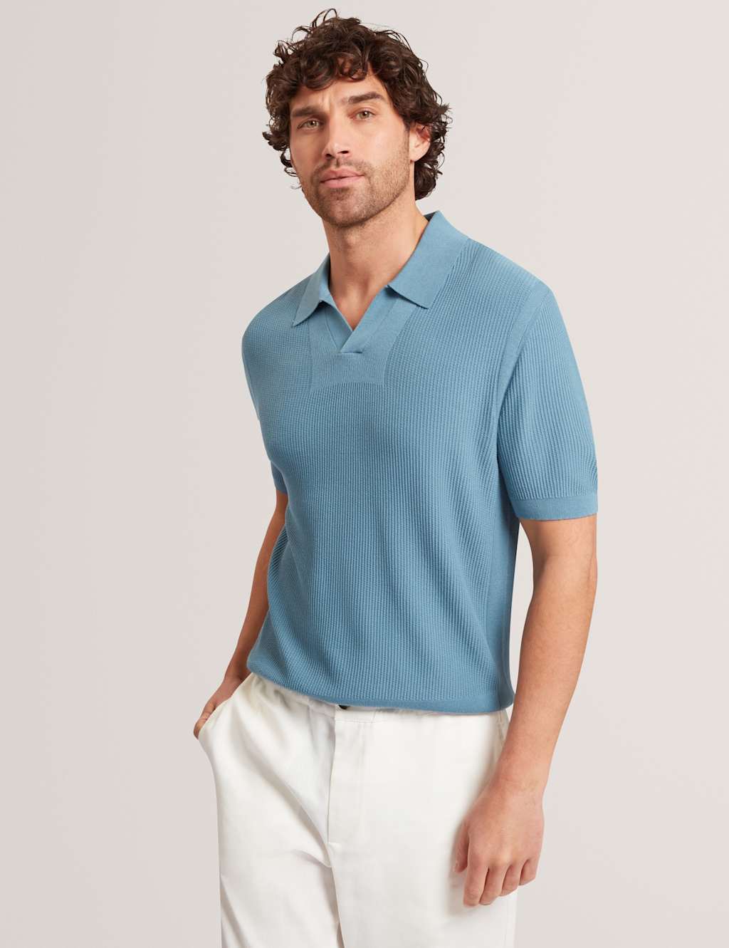 Ted Baker Men's Textured Open Neck Knitted Polo Shirt - L - Light Blue - Available at M&S