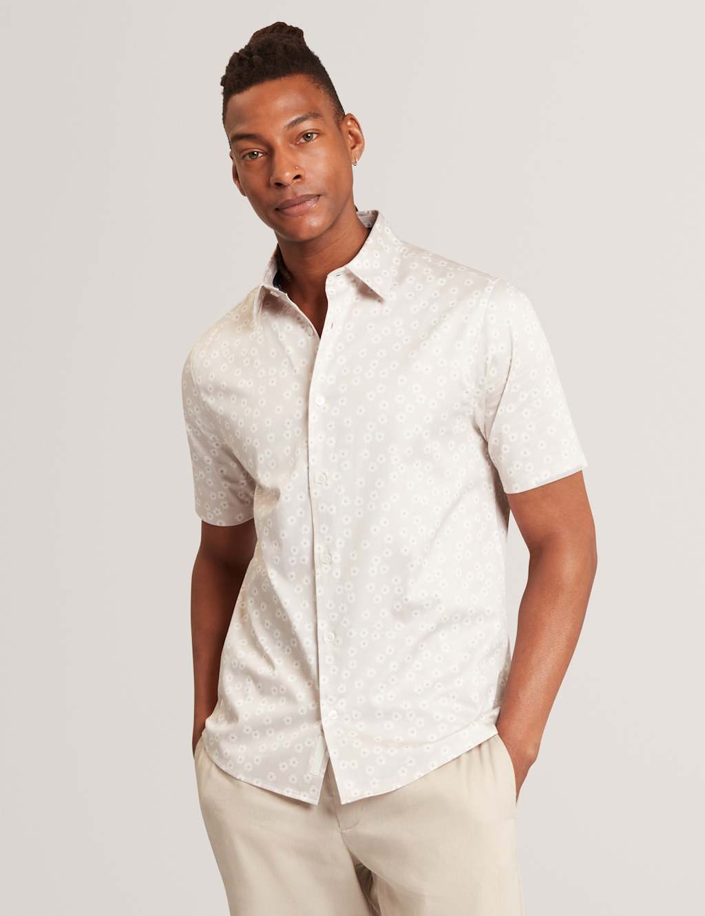 Ted Baker Men's Cotton Rich Floral Short Sleeve Shirt - L - Ecru - Available at M&S
